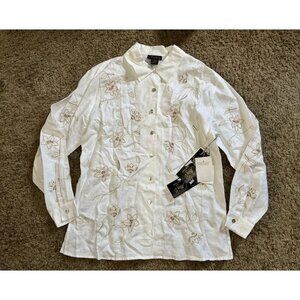 NWT Vintage White Linen Button Tunic Top Embroidered Quiet Luxury Office MEDIUM